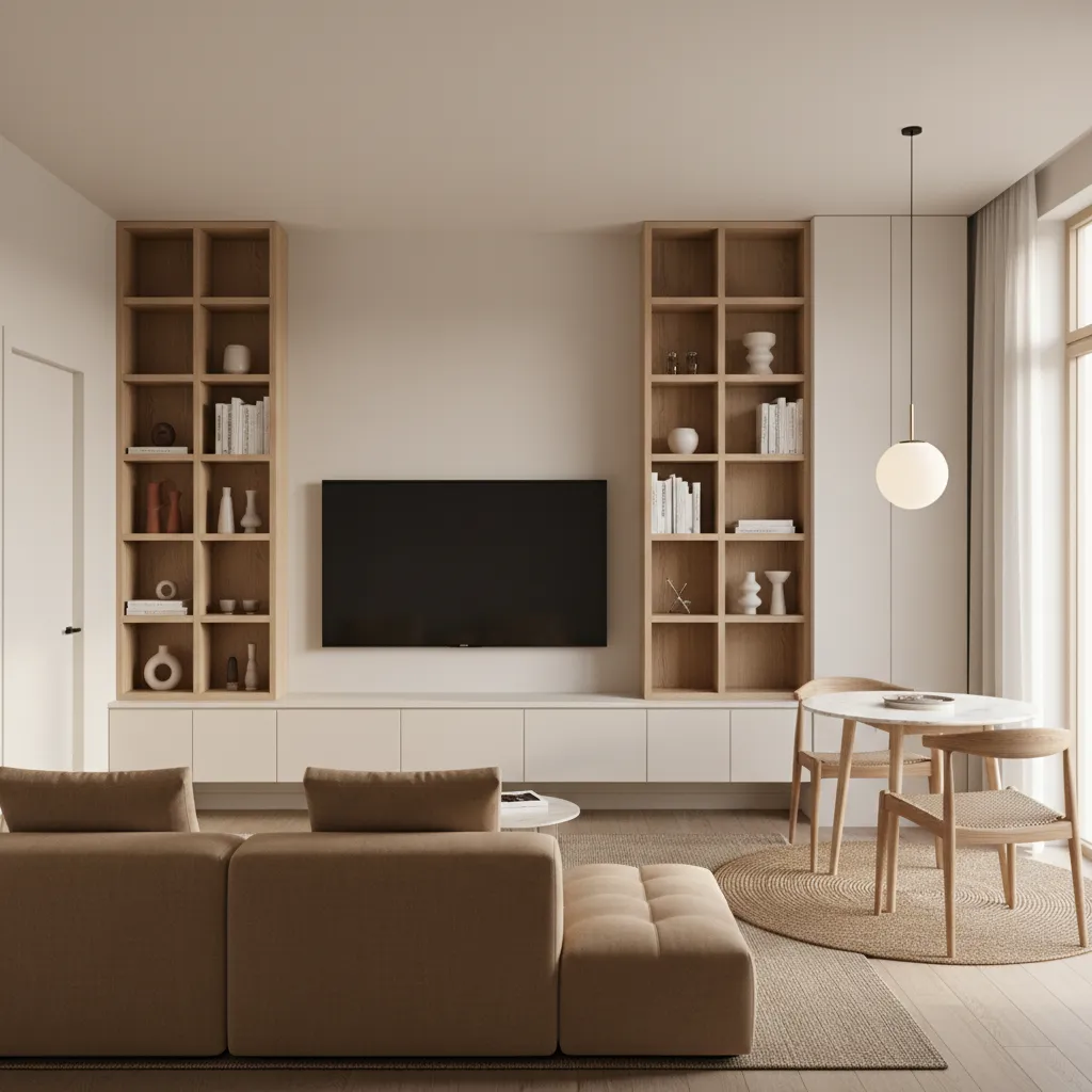 Wall mounted storage shelves in small dining and den combo room