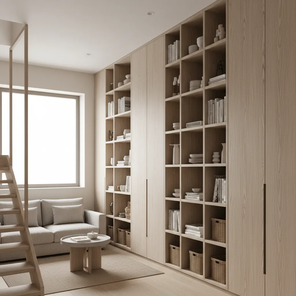vertical storage solutions in small duplex interior with tall cabinets
