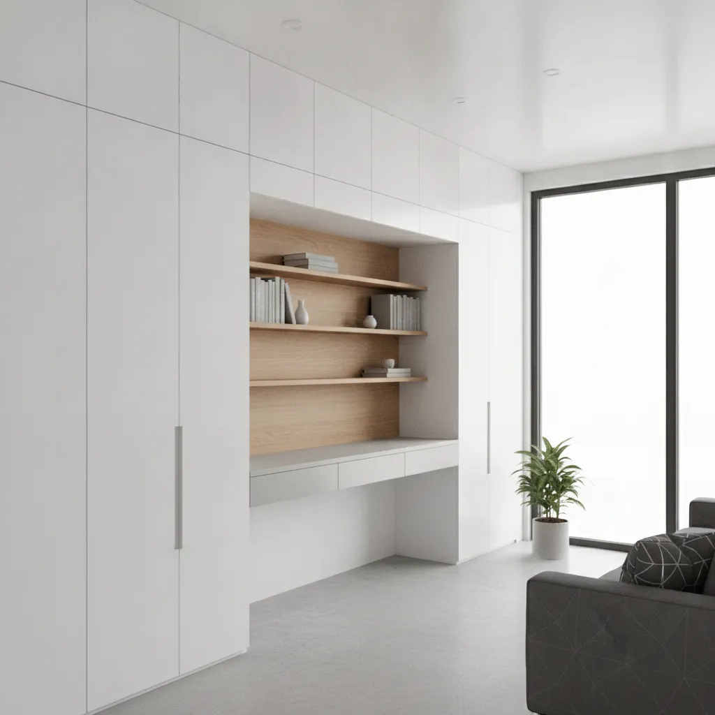 Vertical storage shelves and ceiling height cabinets in small apartment