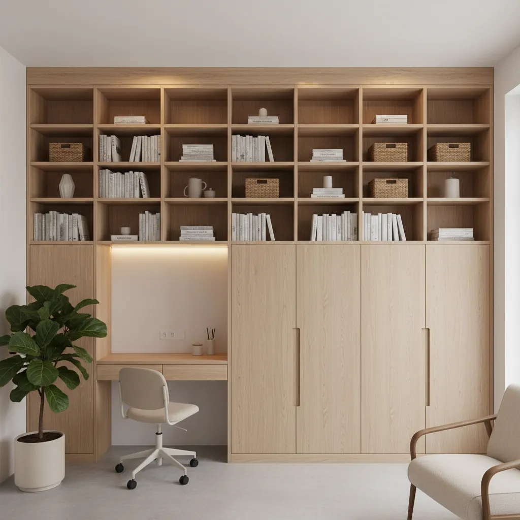 Wooden wall cabinet with open shelves, built-in desk, white chair, books, and green potted plant