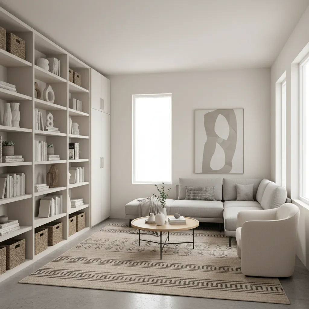 Vertical storage shelving in a small manufactured home living room