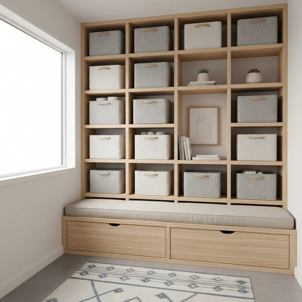 Vertical wall storage shelves used in a tiny mobile home interior