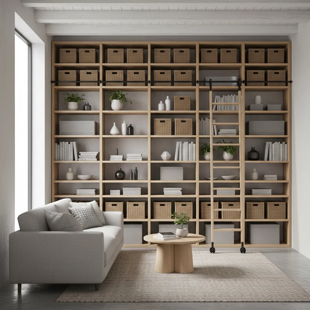 Tall wall shelving and vertical storage in compact home interior