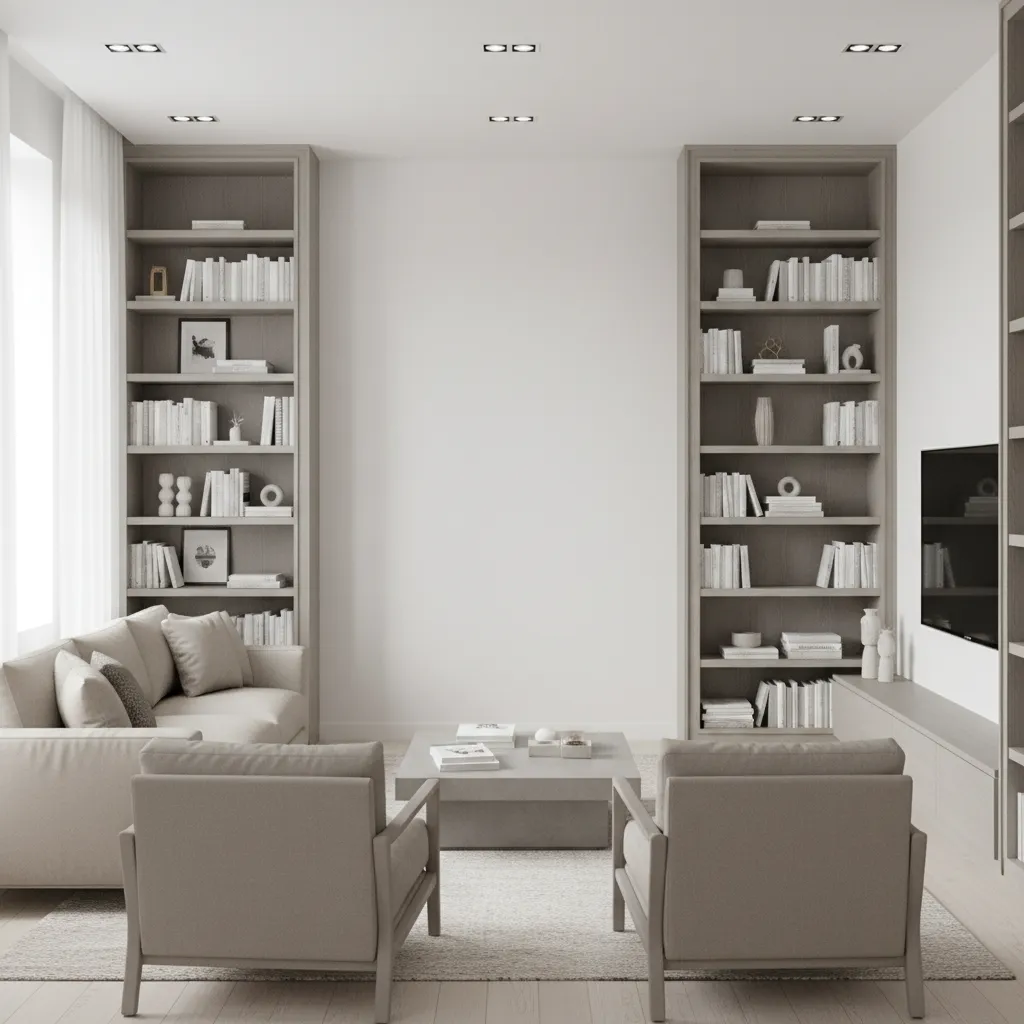 Vertical wall shelving storage solution in a compact living space