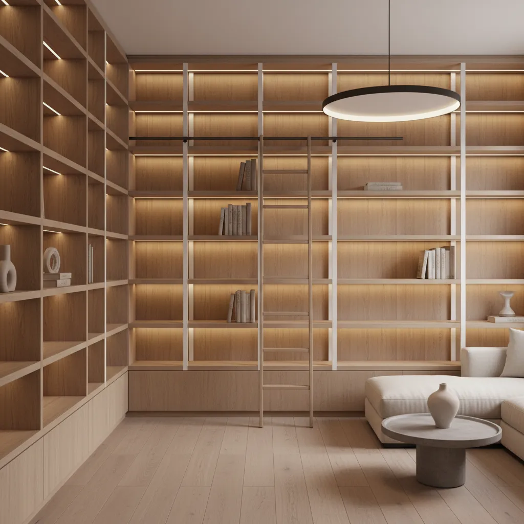 Vertical storage shelves in compact home interior