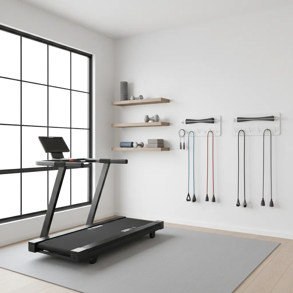 Wall mounted storage for workout gear near treadmill