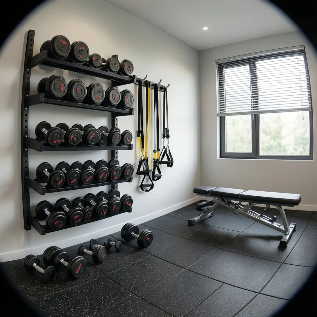 Wall mounted dumbbell rack and resistance band storage in compact home gym