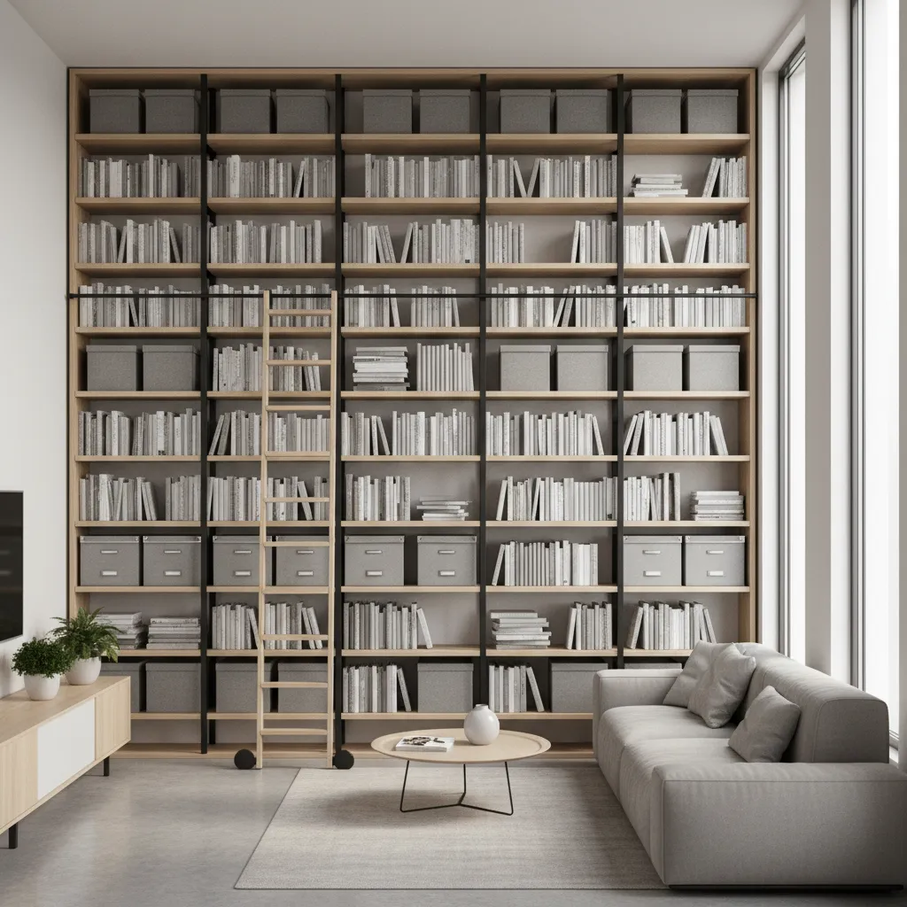 vertical wall shelving system reaching ceiling in small apartment