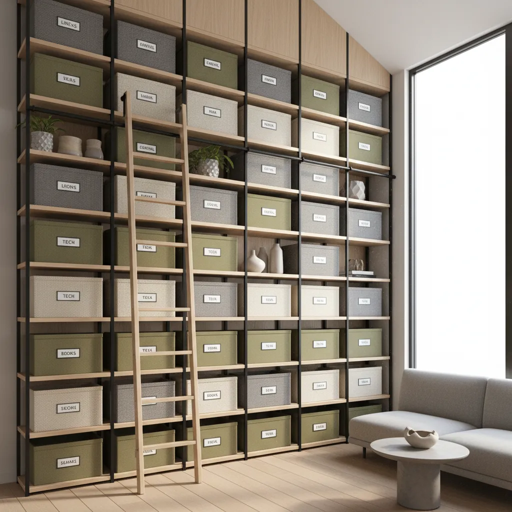 Vertical wall shelving and hidden storage in a small house interior