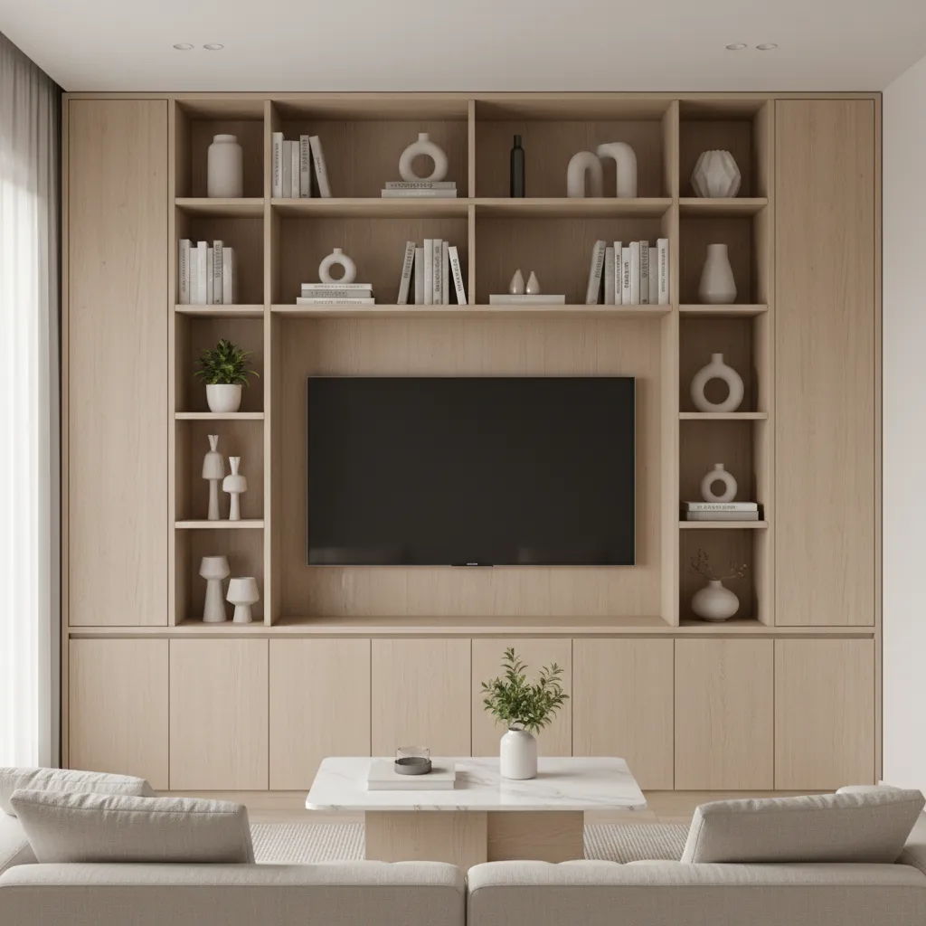 Vertical wall storage and built in shelving in a compact narrow home