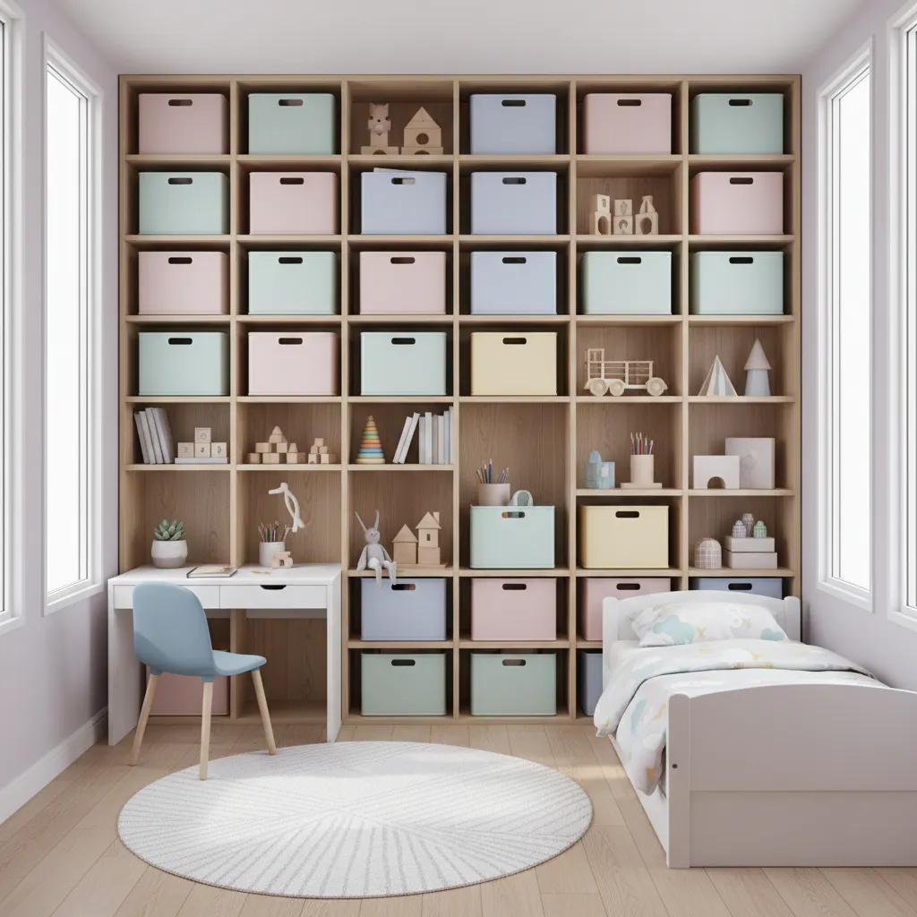 Small girls bedroom using vertical wall storage and shelves