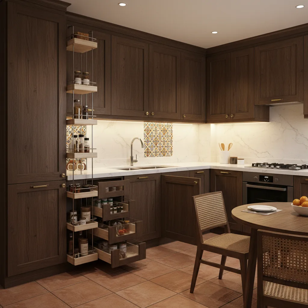 Tall cabinets and pull-out storage in a small Indian kitchen