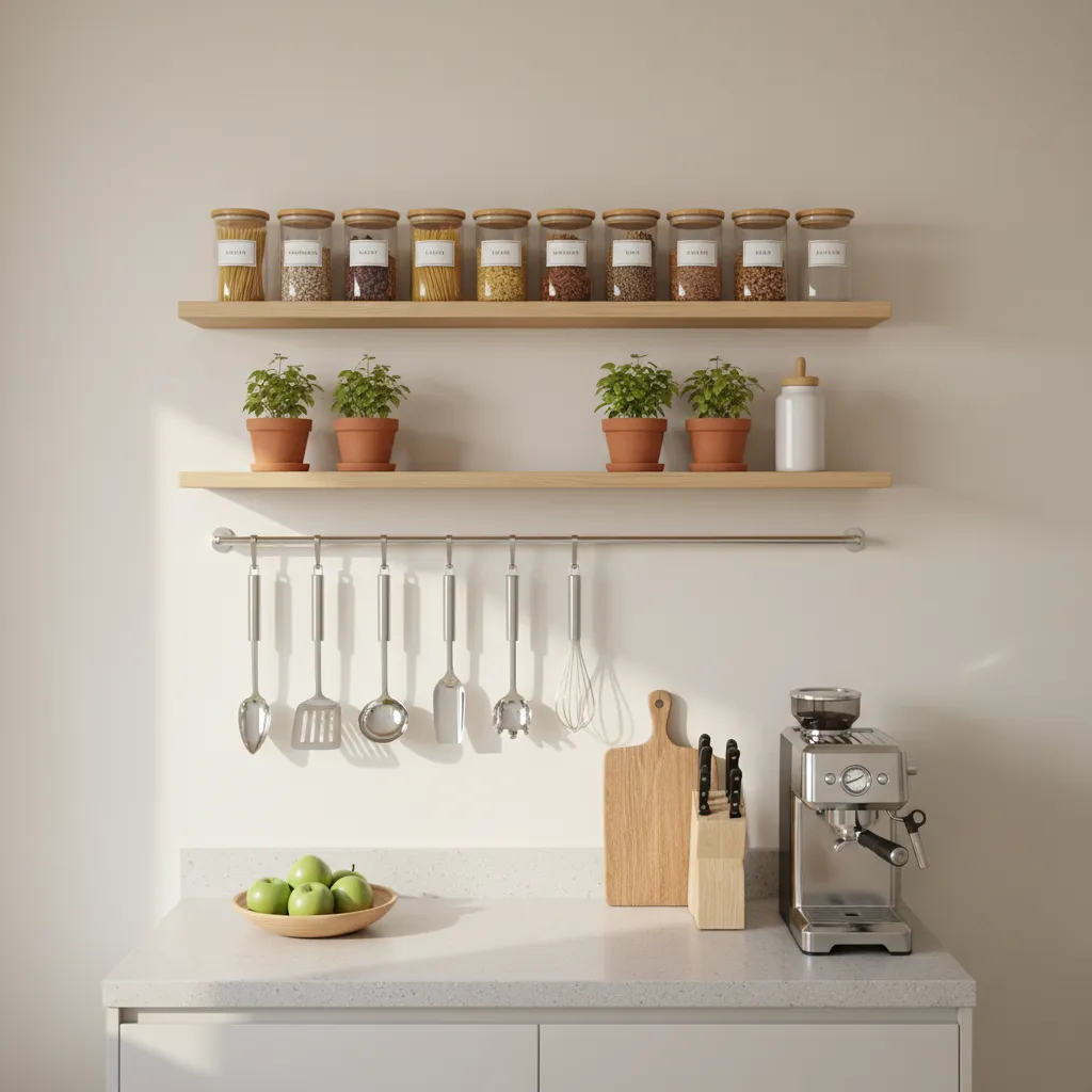 small kitchen wall storage with hanging utensils and shelves