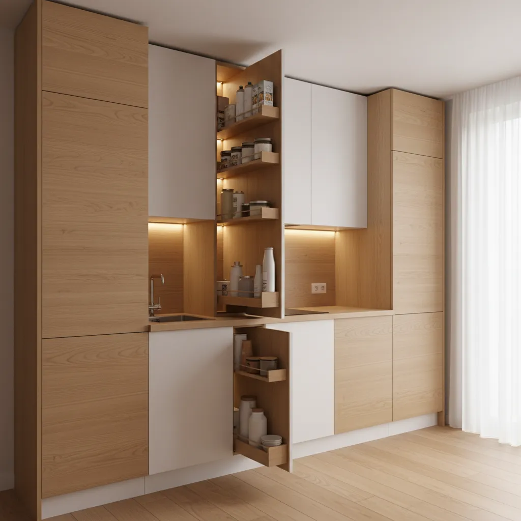 Vertical storage cabinets in a small Indian apartment kitchen
