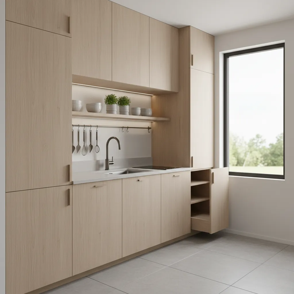small kitchen with tall cabinets and vertical storage