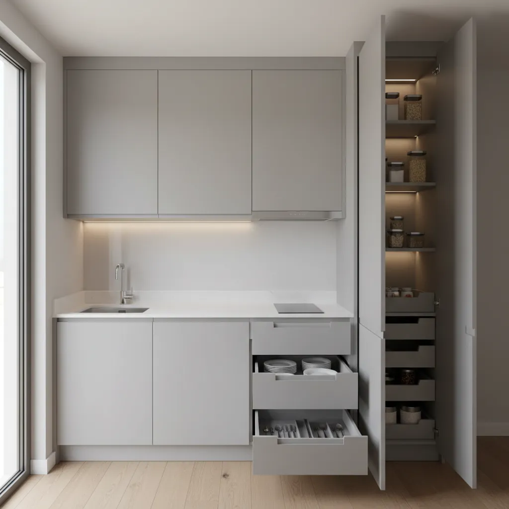 small modular kitchen with tall pantry cabinets and vertical storage
