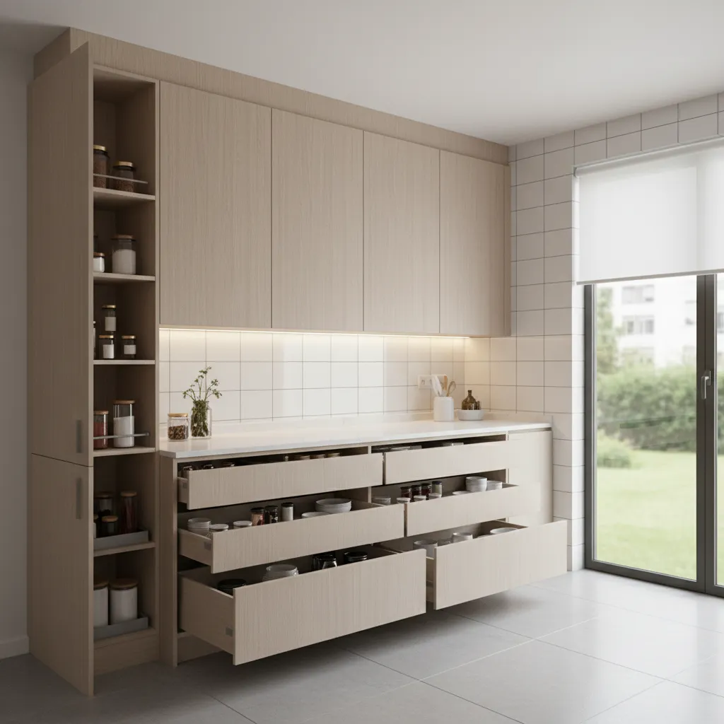 small modular kitchen with ceiling height cabinets and pull out storage