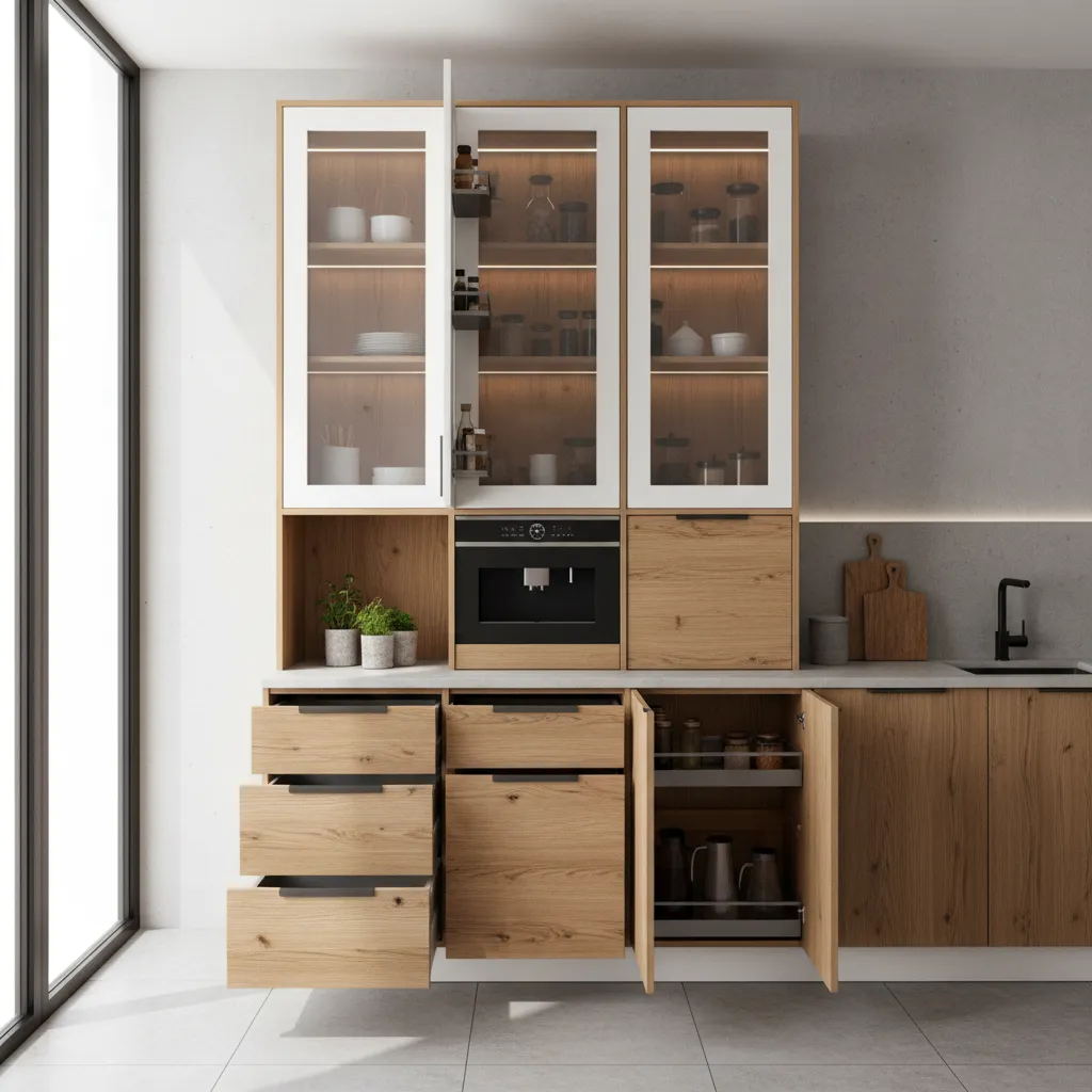 Cocina pequeña con muebles altos hasta el techo para aprovechar el espacio