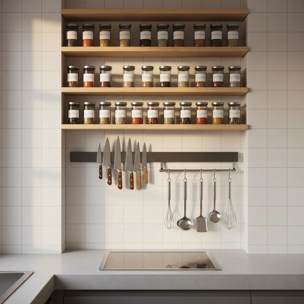 Vertical wall storage solution in a compact kitchen