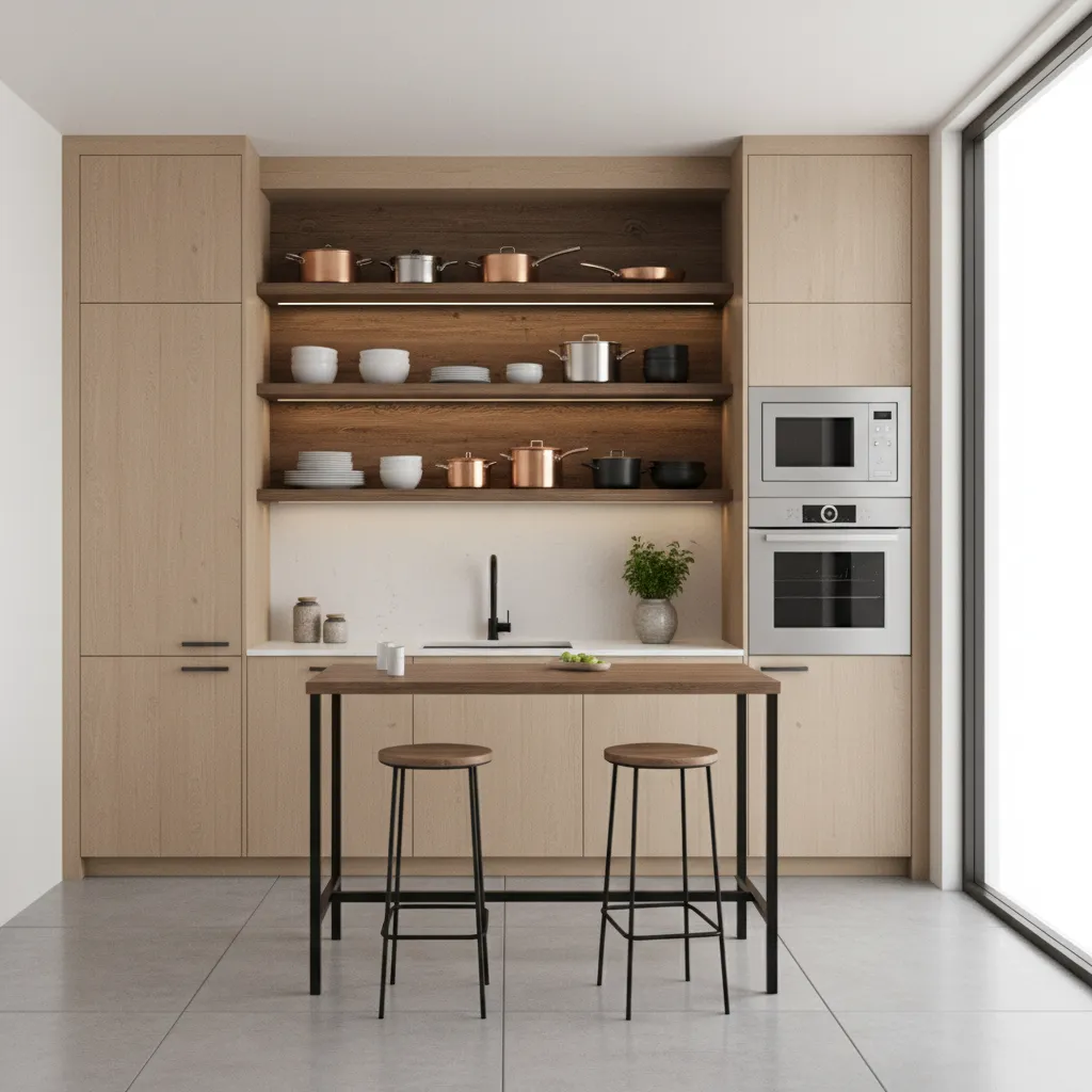 small kitchen using tall cabinets and wall storage for vertical space