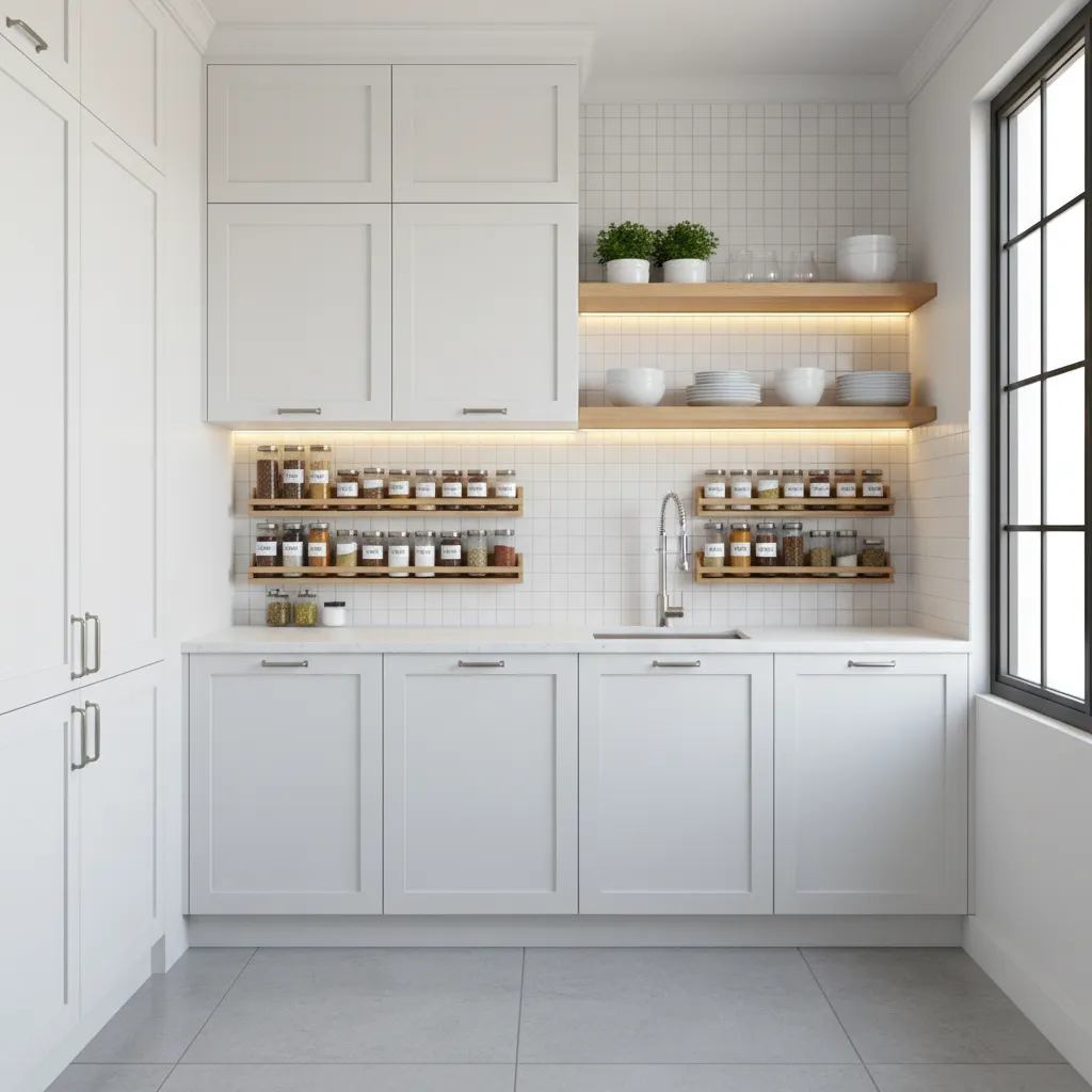 small kitchen with ceiling height cabinets and wall storage racks