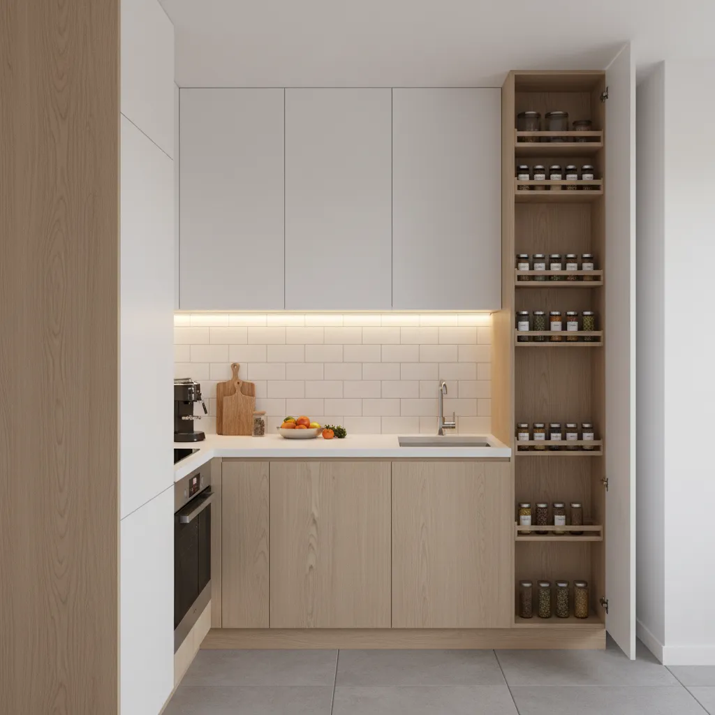 Small kitchen with ceiling height cabinets and vertical storage