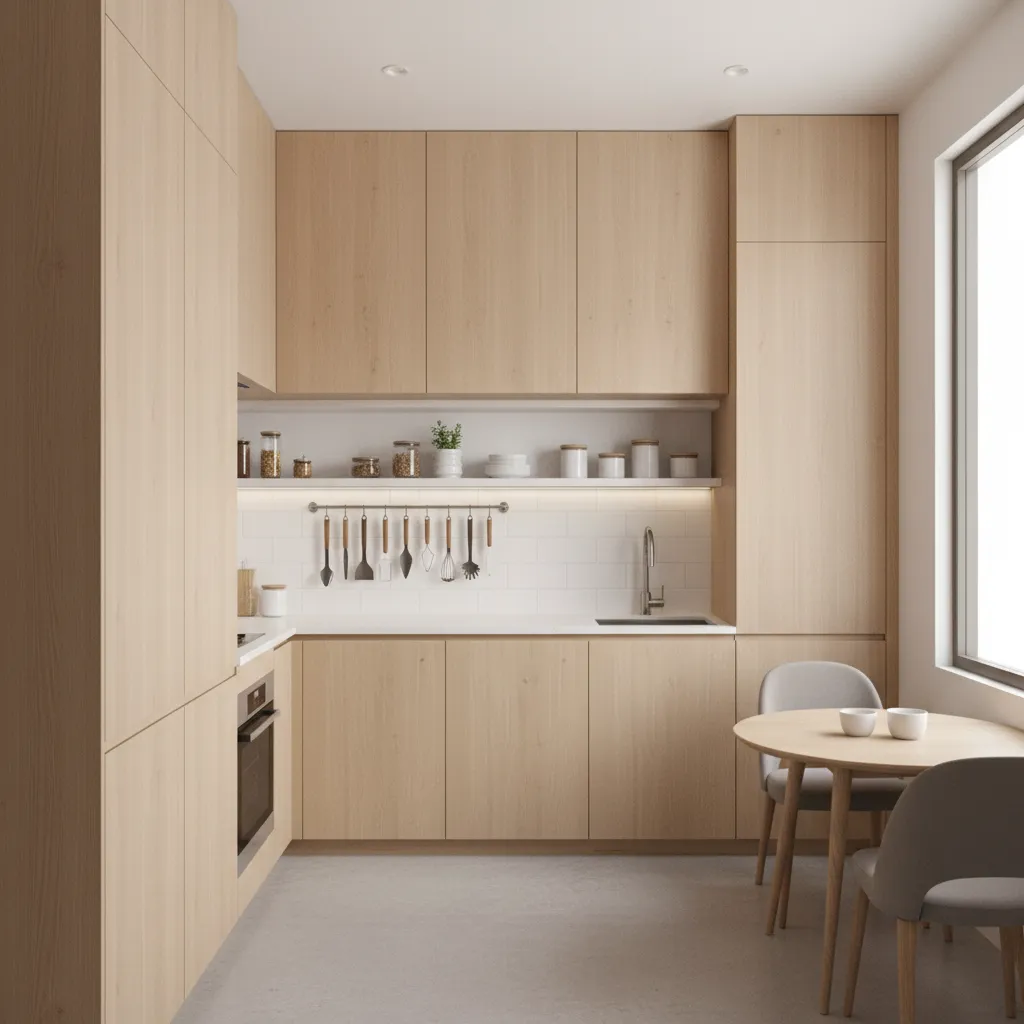 small kitchen with vertical storage cabinets reaching ceiling