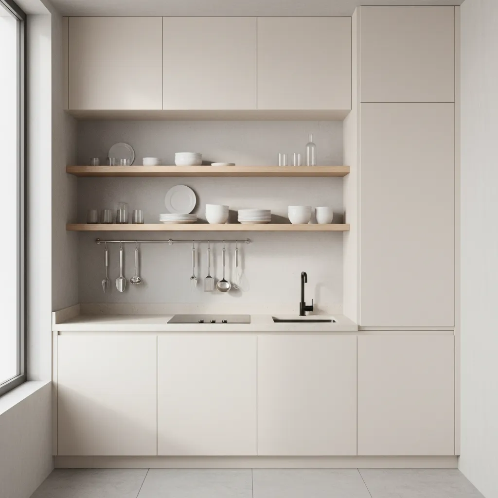small kitchen with vertical storage and wall shelves