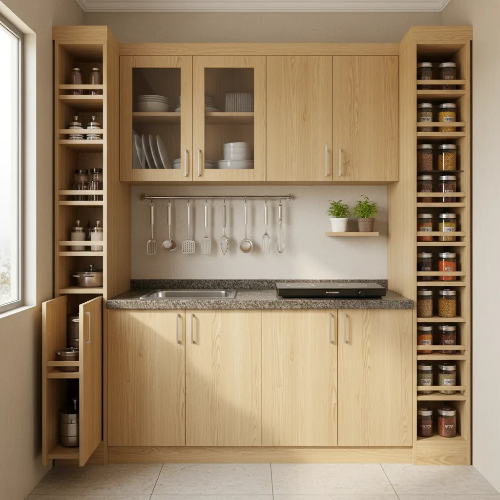 Vertical storage cabinets in a small Indian kitchen