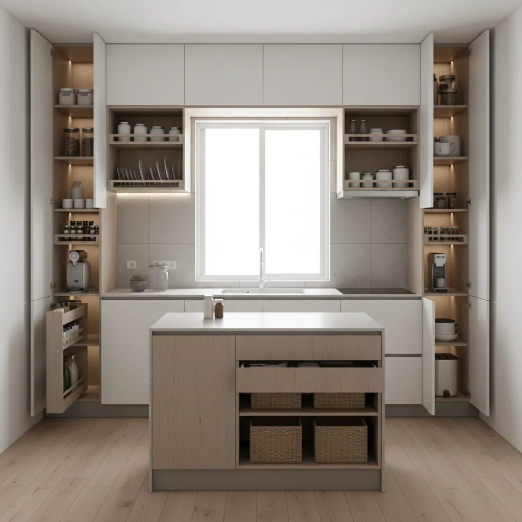 Small kitchen using ceiling height cabinets for vertical storage