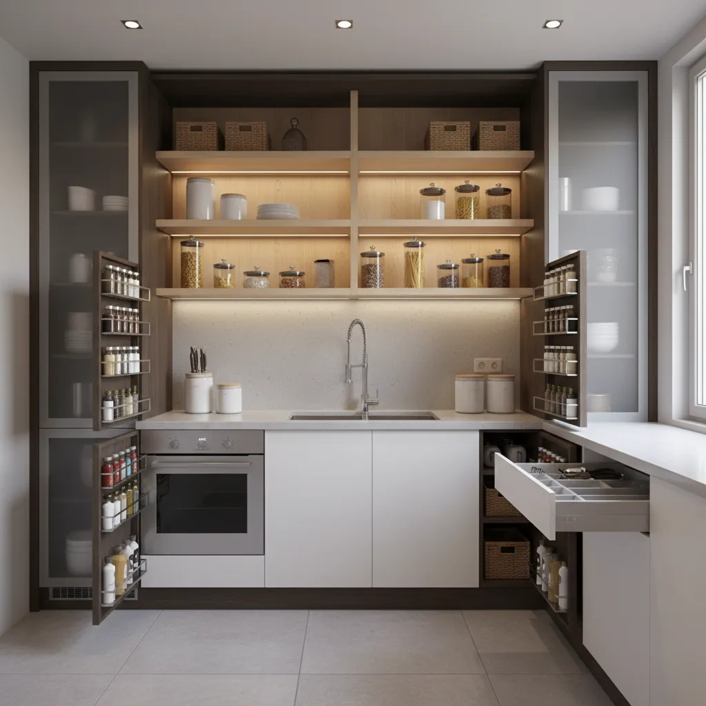 tall cabinet vertical storage in small kitchen