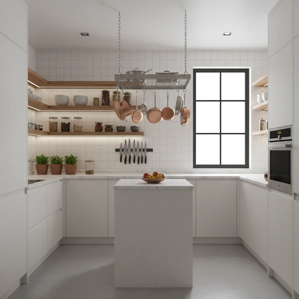 small kitchen with vertical storage including hanging racks and tall cabinets