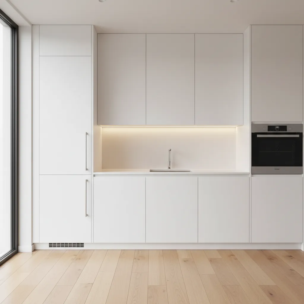 small kitchen with tall cabinets and vertical storage