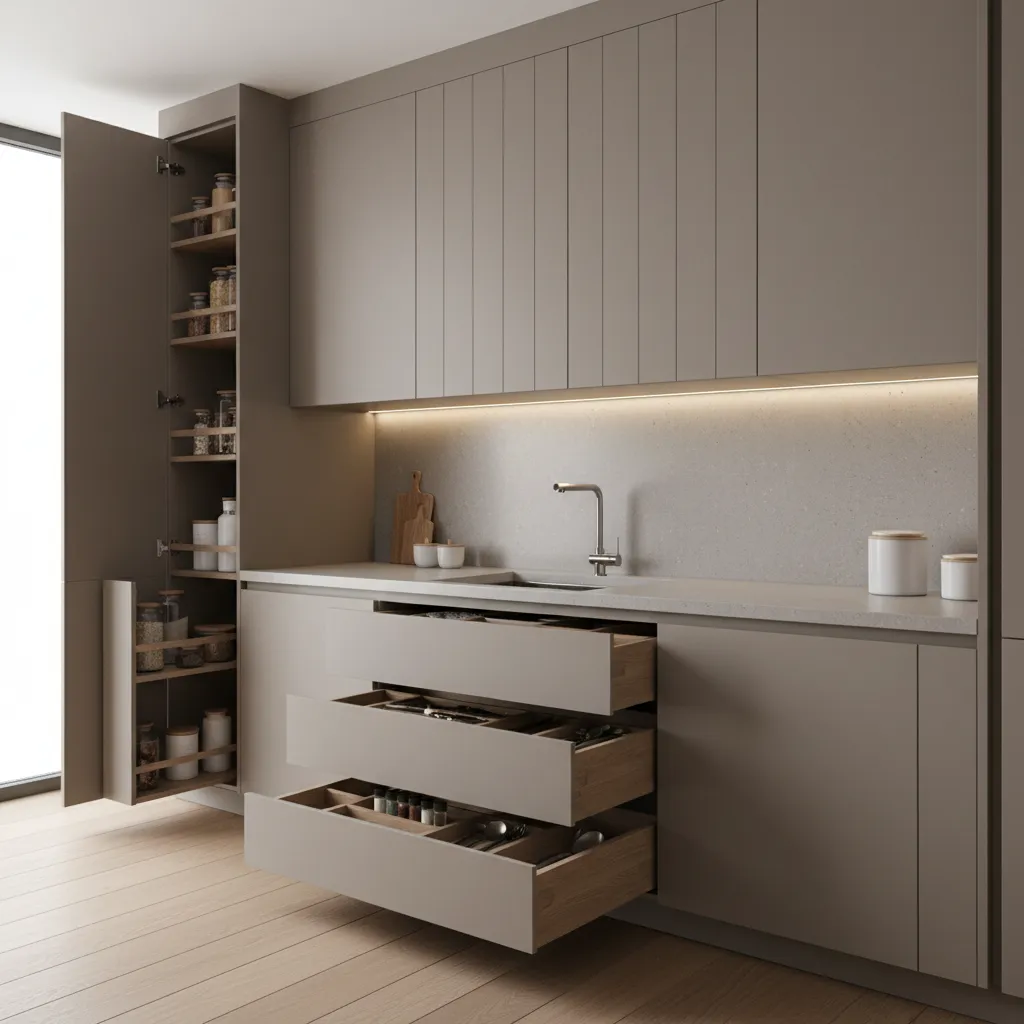 Modern grey kitchen cabinets with open drawers showing storage organizers and a tall open pantry