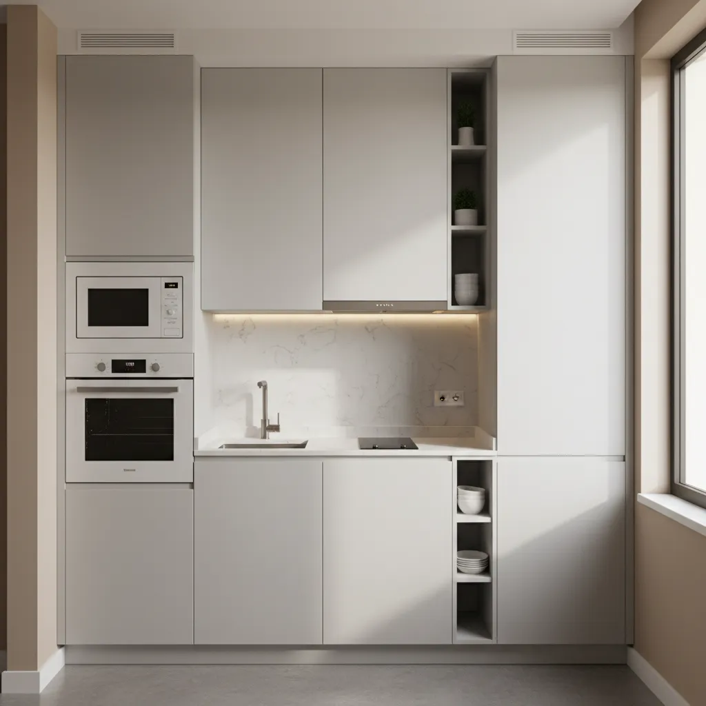 Small kitchen with ceiling height cabinets and vertical storage