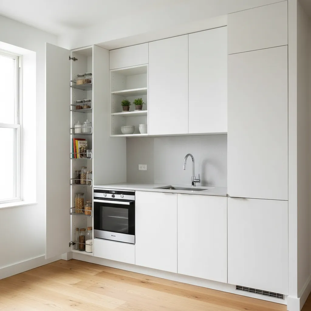 White kitchen with vertical storage cabinet open showing shelves jars oven sink and light wooden flooring