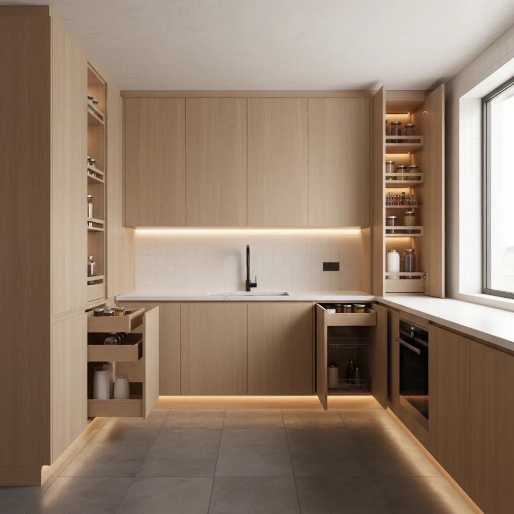Tall pantry cabinets maximizing vertical storage in a small kitchen