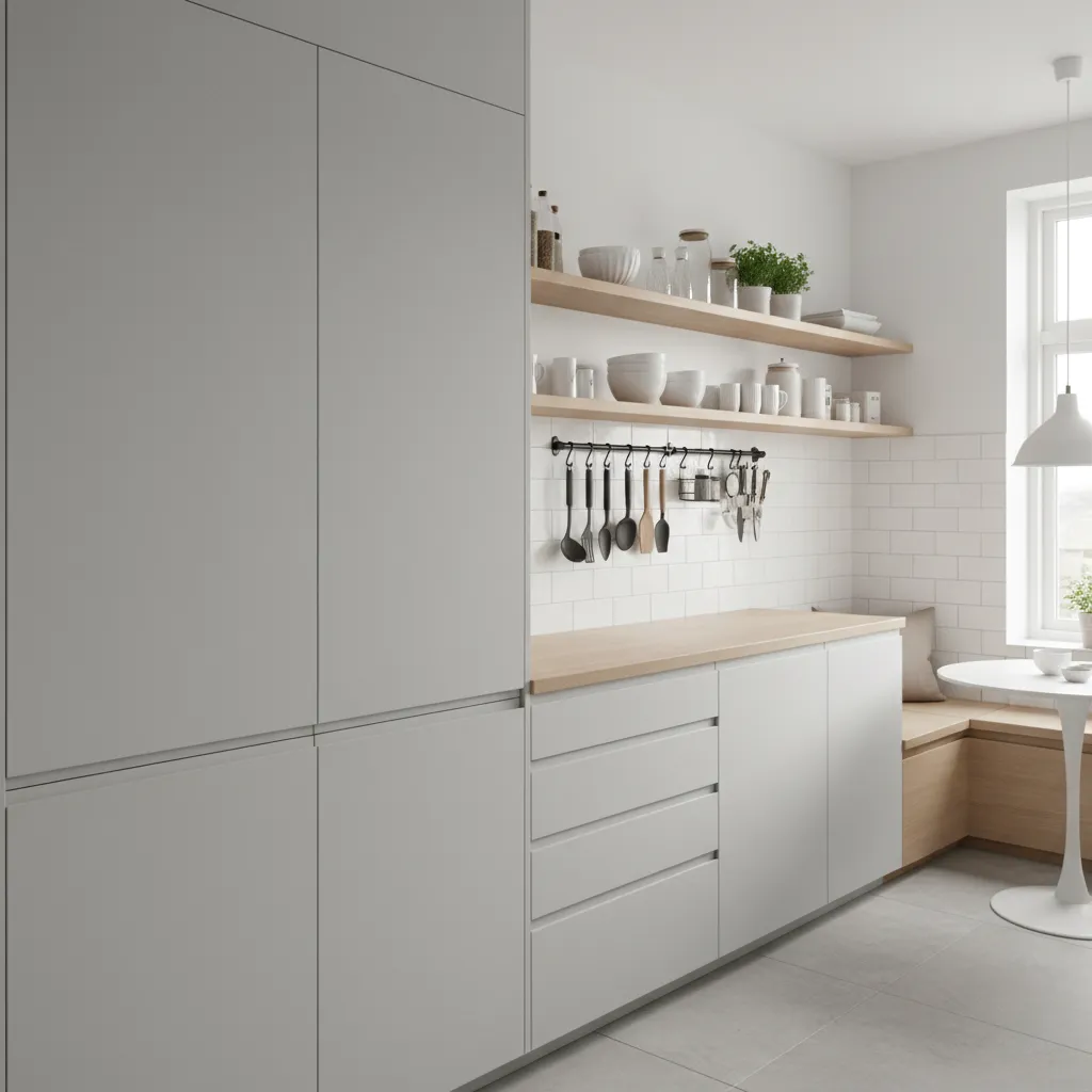 Small kitchen with vertical storage solutions including tall cabinets and wall mounted rails