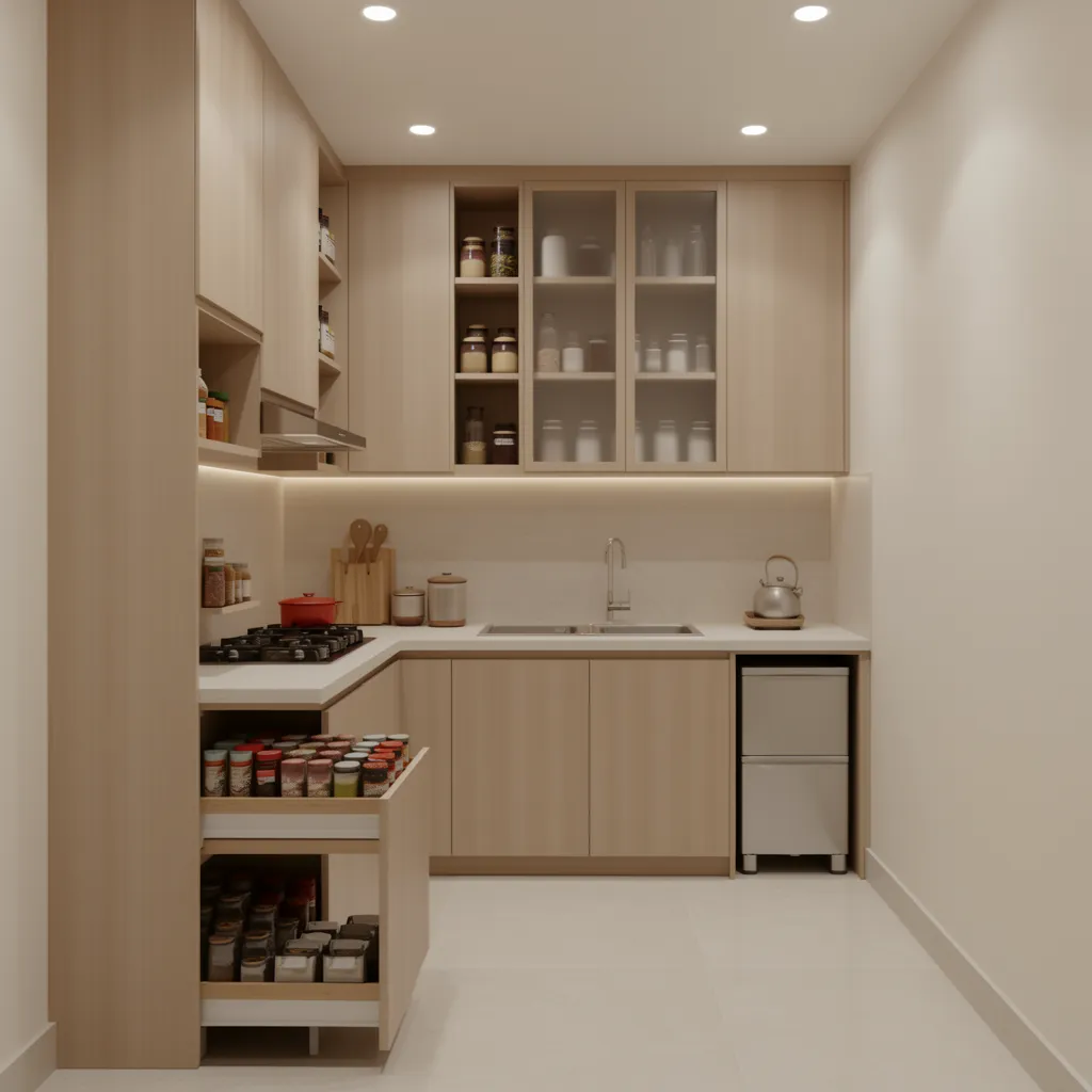 Vertical storage cabinets and organised shelves in a compact kitchen