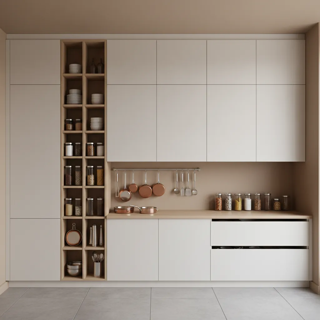 Small kitchen with tall cabinets and vertical shelving storage