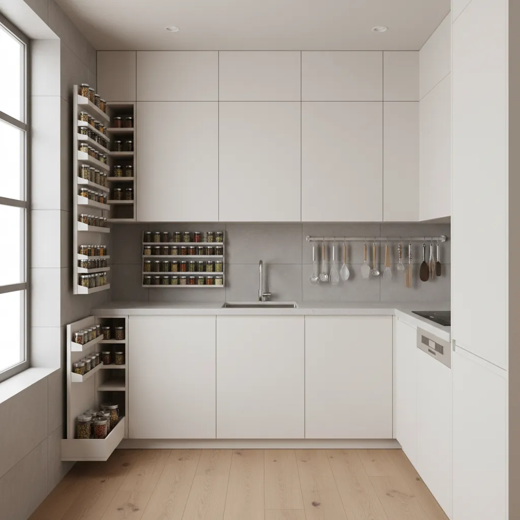 small kitchen with ceiling height cabinets and wall mounted storage racks