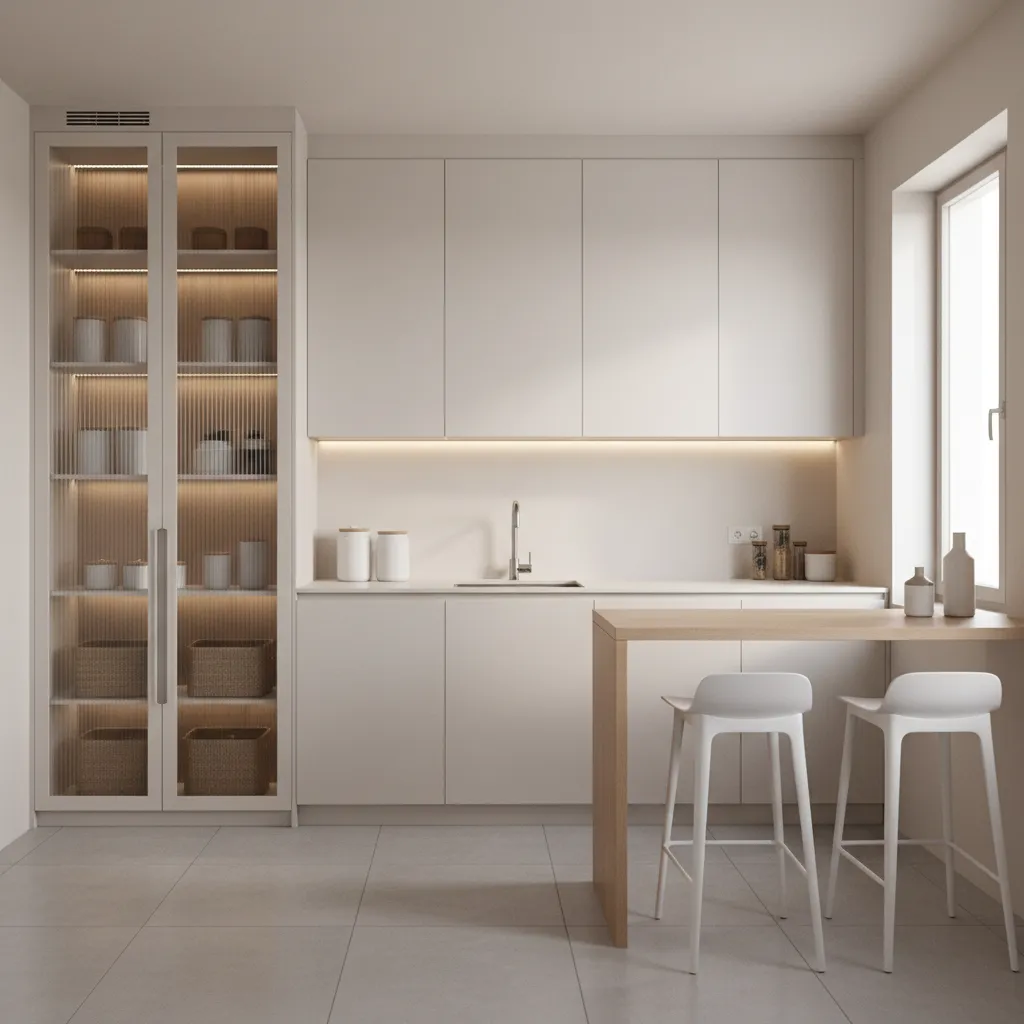 small kitchen with tall cabinets and vertical storage