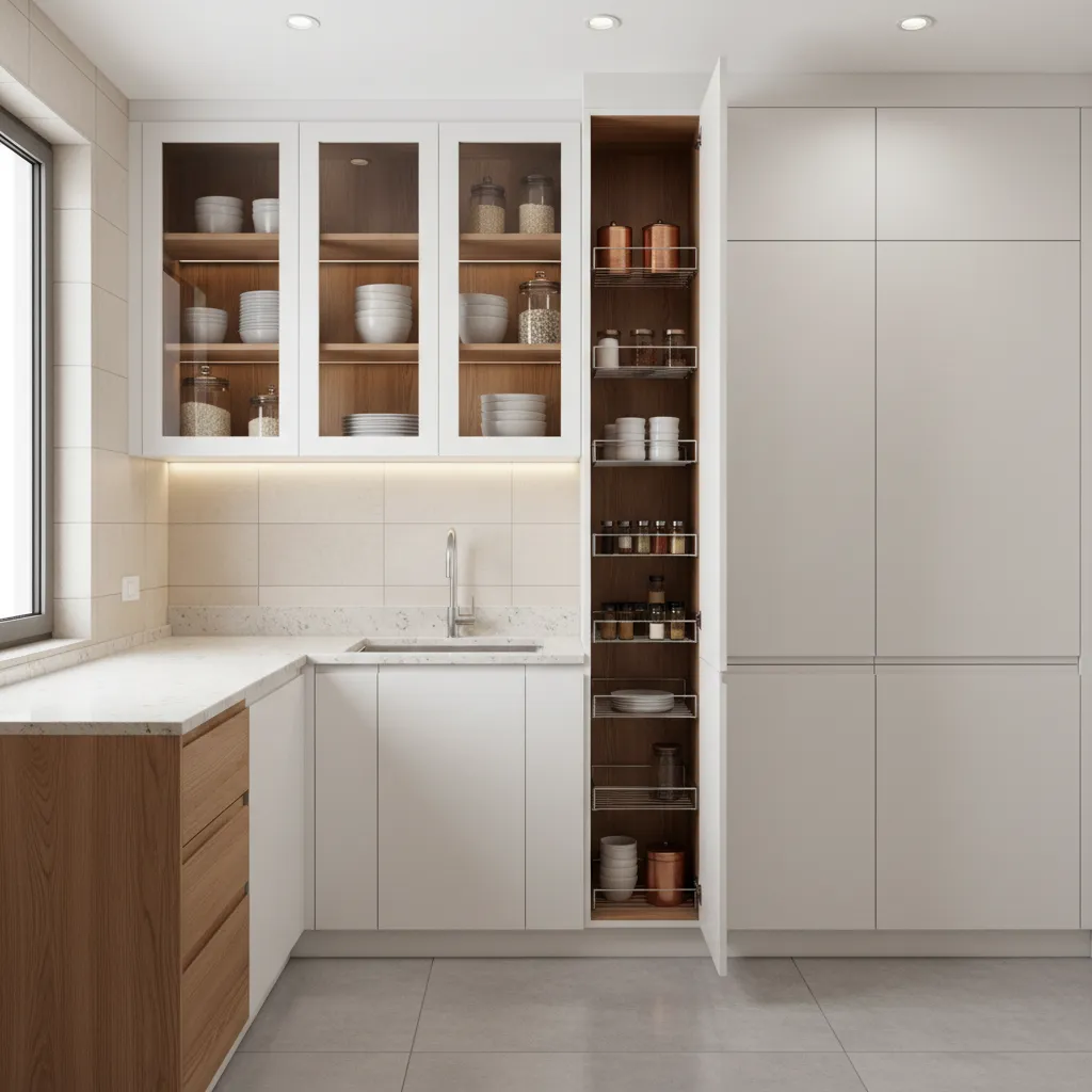 small kitchen with ceiling height cabinets and vertical storage