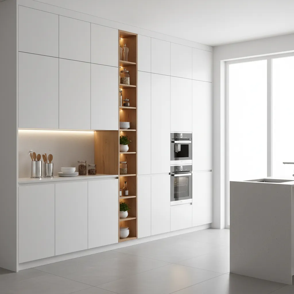 Small kitchen using ceiling height cabinets and vertical storage