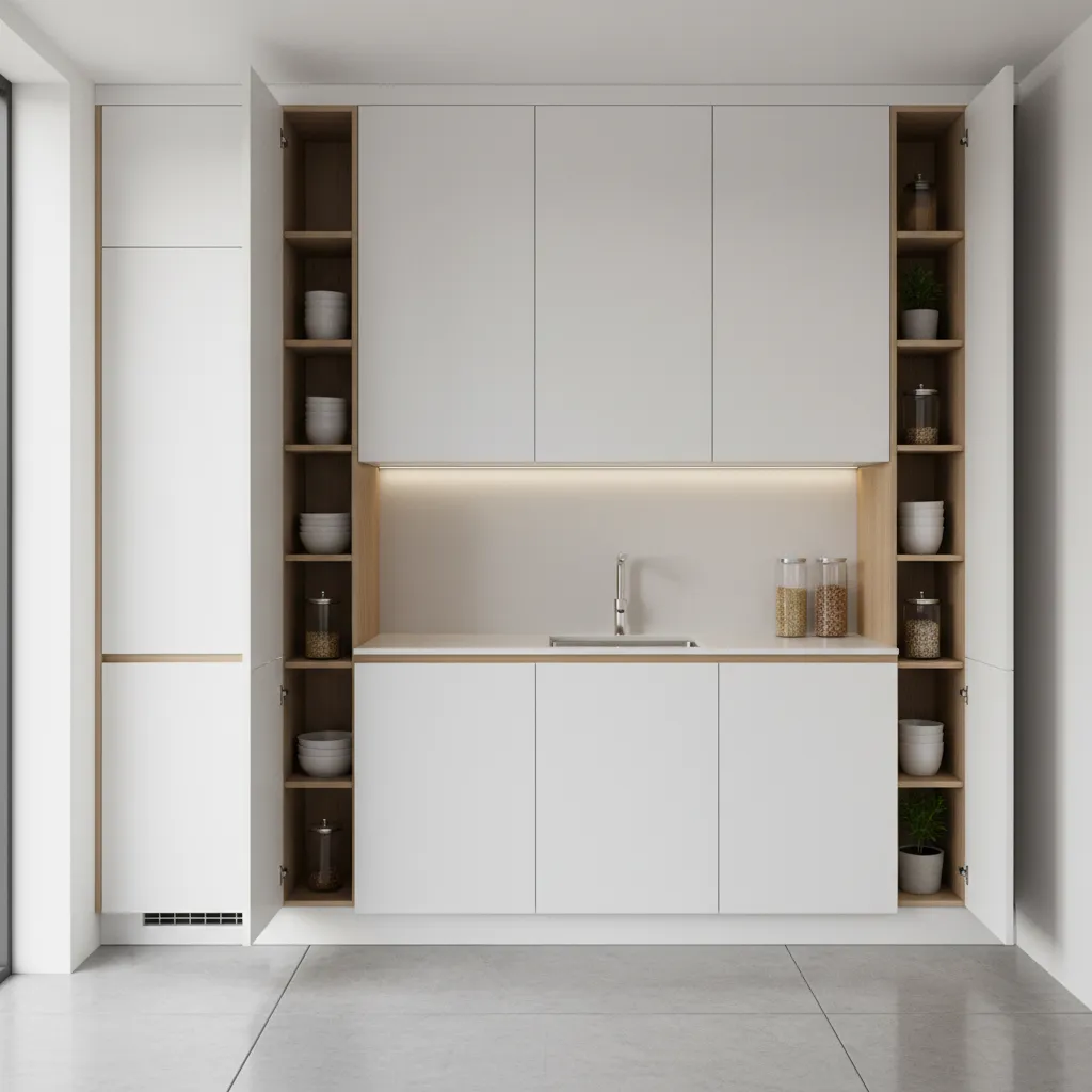 small kitchen with ceiling height cabinets and vertical storage