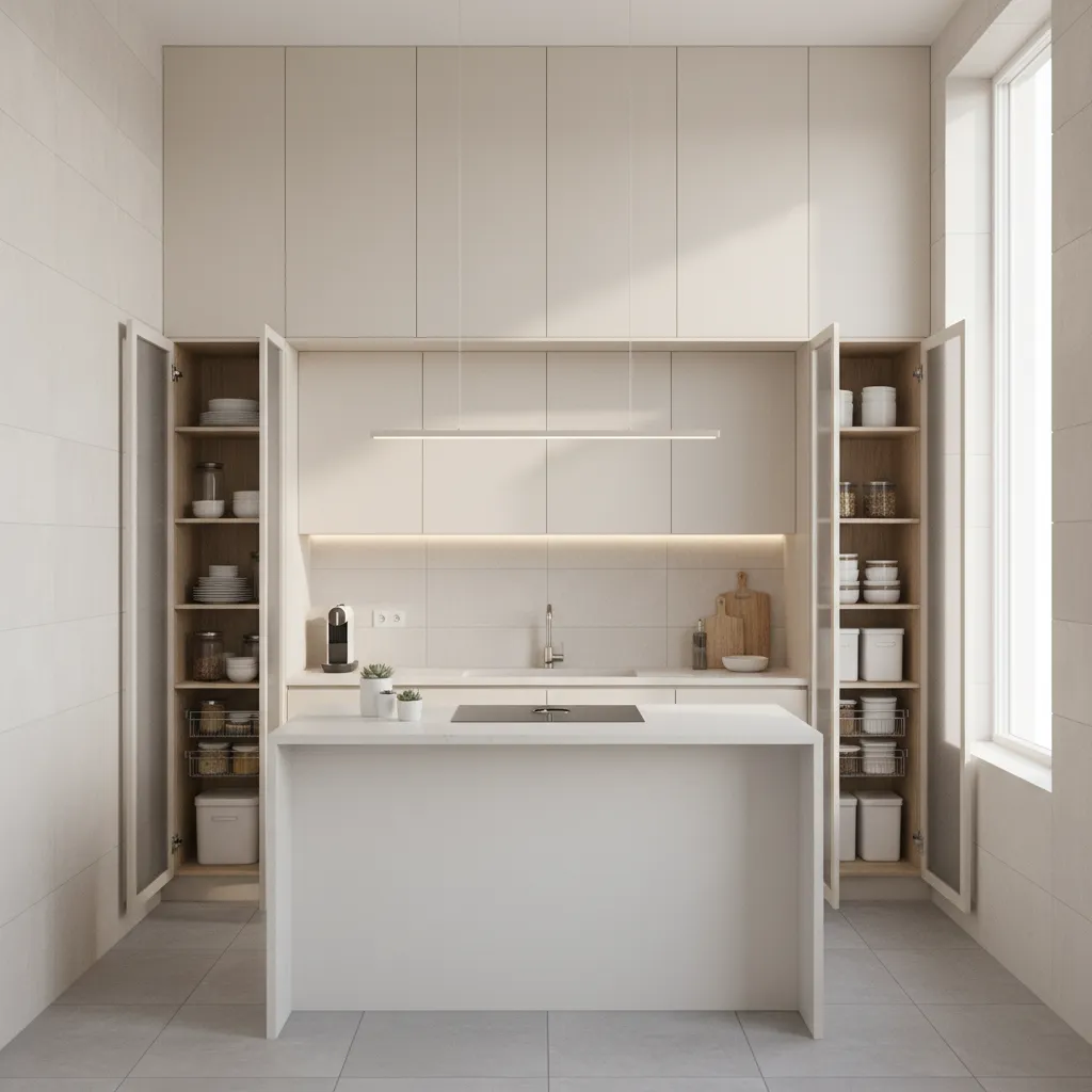 small kitchen with ceiling height cabinets and vertical storage