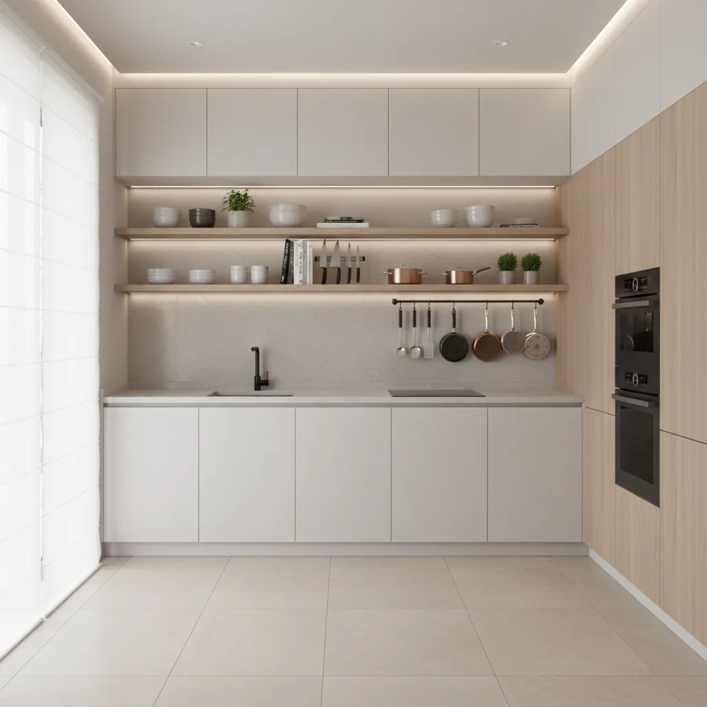 Small kitchen using vertical storage with tall cabinets and wall shelves