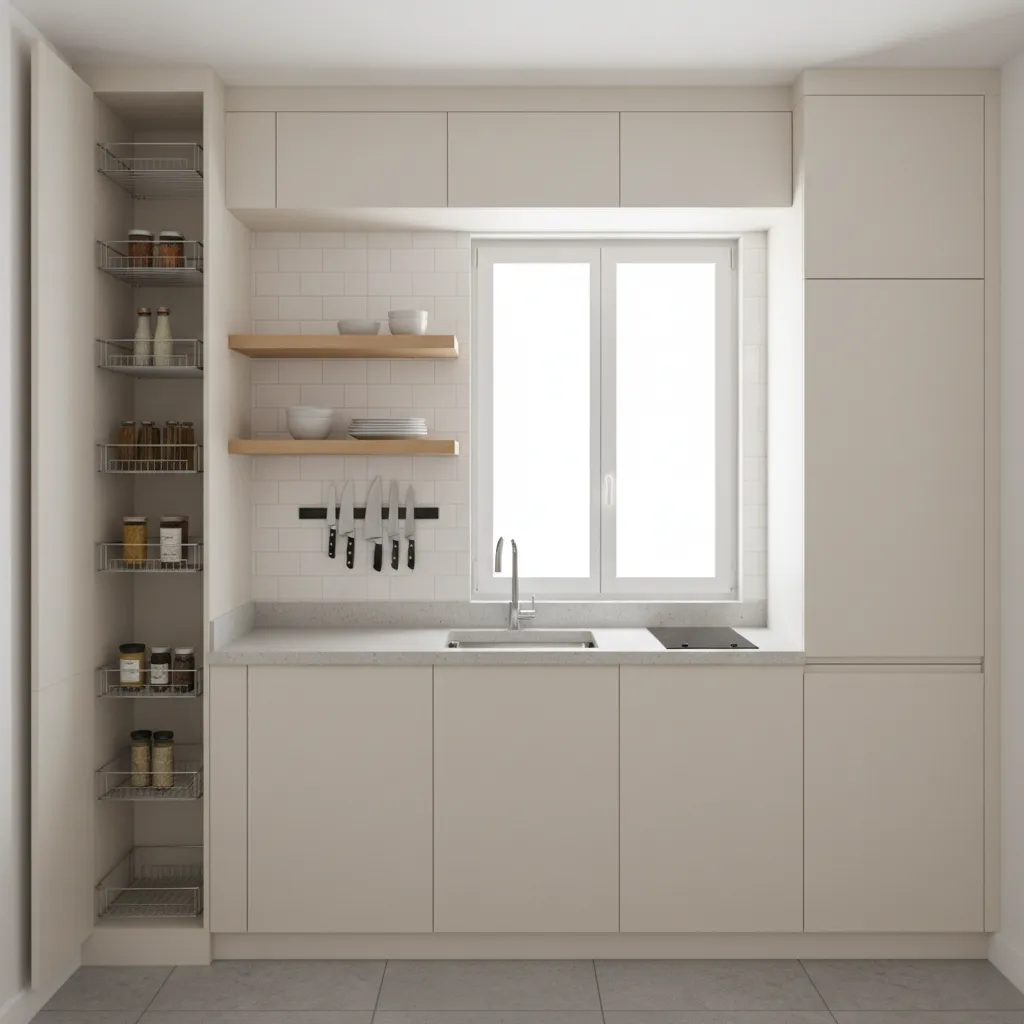 Small kitchen with ceiling height cabinets and vertical storage solutions