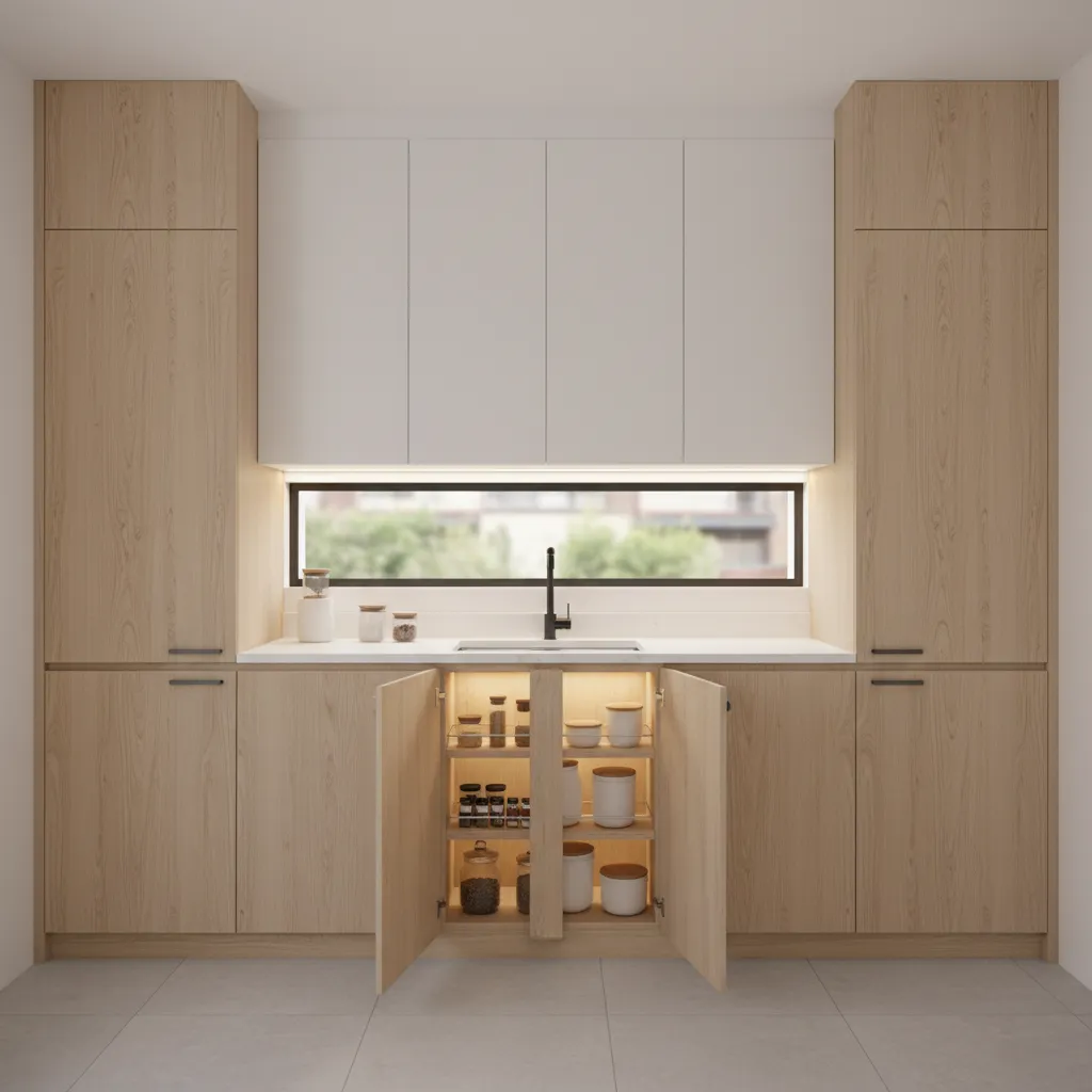 Vertical cabinet storage in a compact kitchen