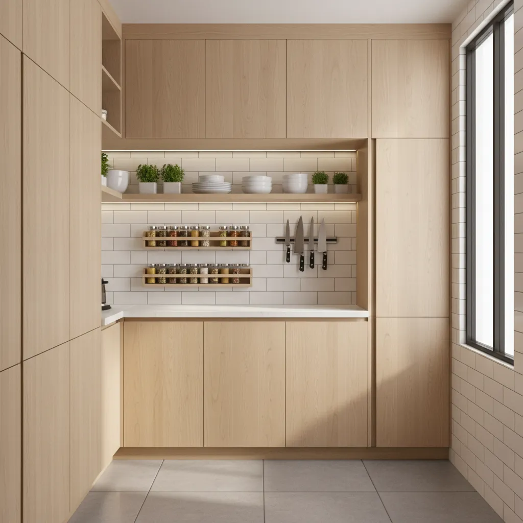 Small kitchen using ceiling height cabinets and wall storage